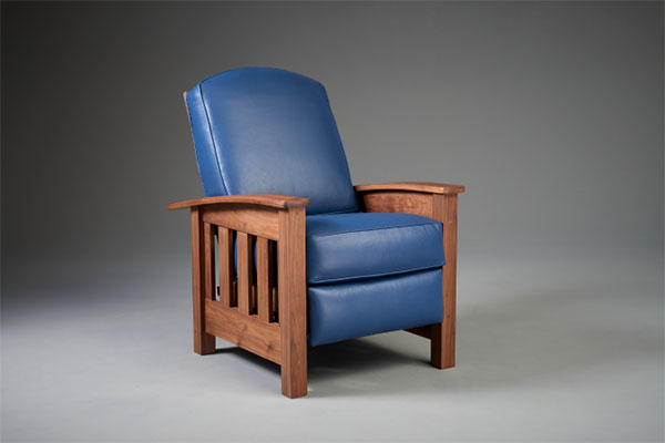 blue leather cherry wood mission style recliner