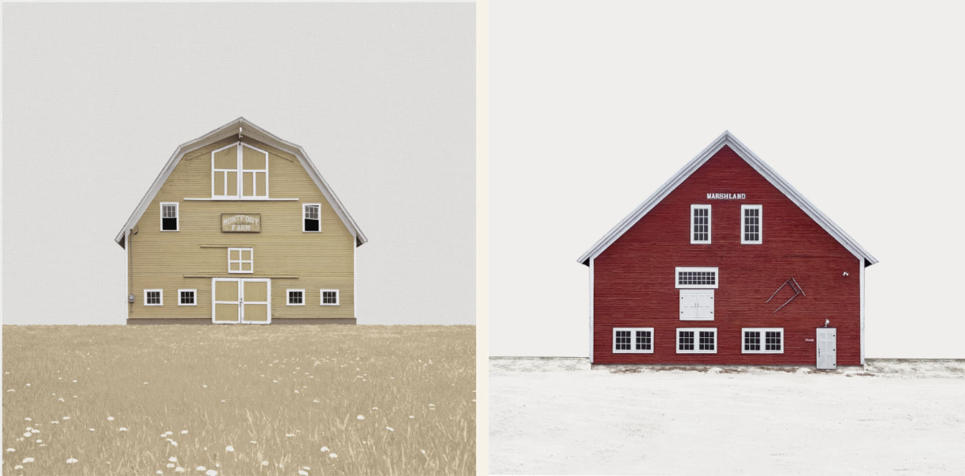 2 paintings of different barns