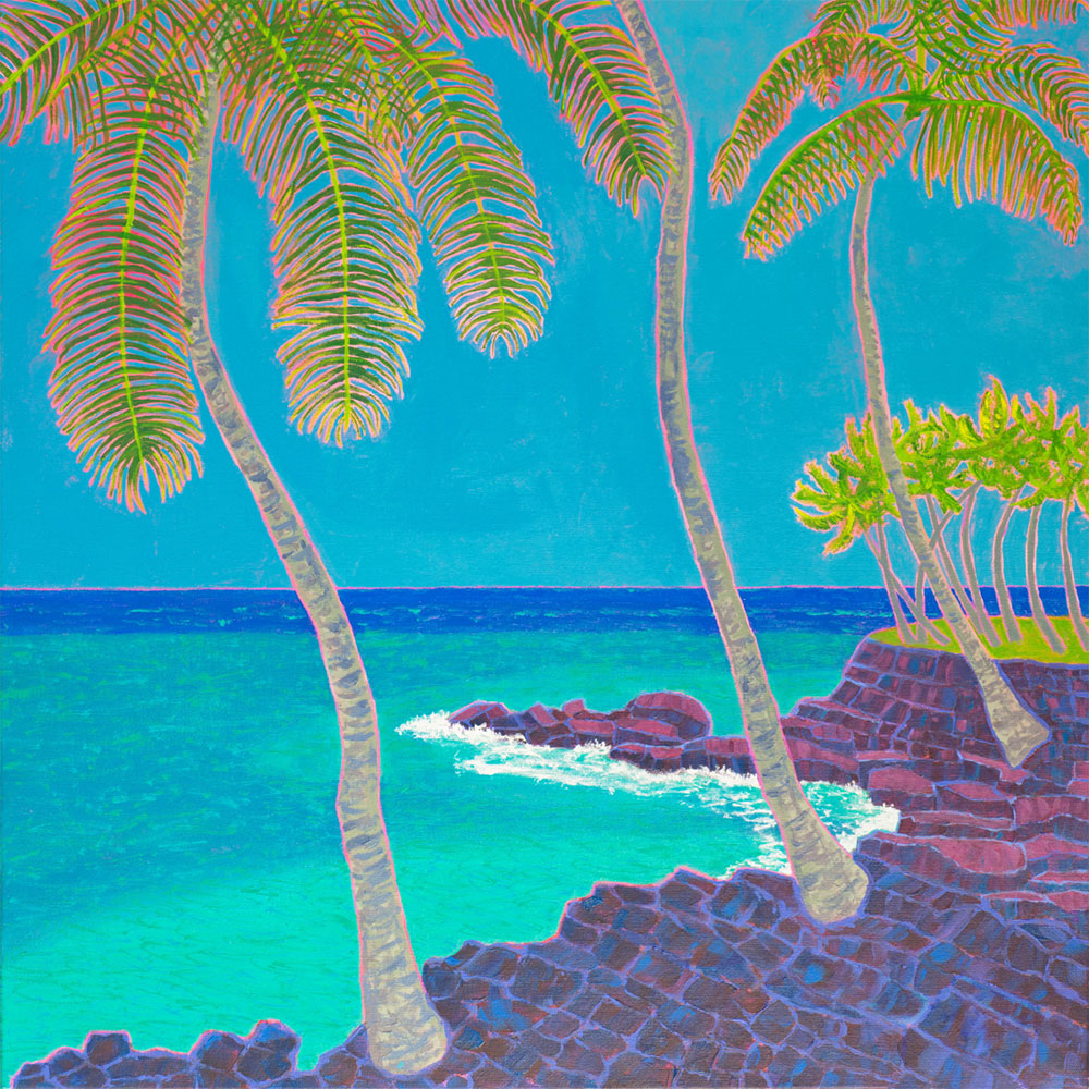 painting of ocean and palm trees