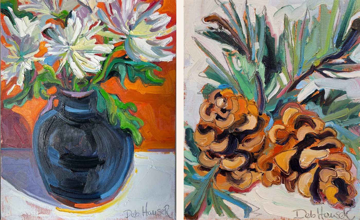 2 paintings, one of a vase of flowers, the other pinecones