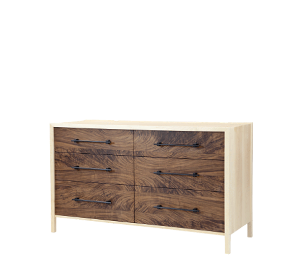 6 drawer dresser with light wood frame and dark wood drawers