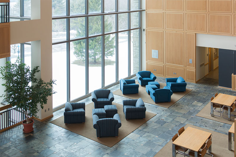 looking down onto grand modern foyer of college library