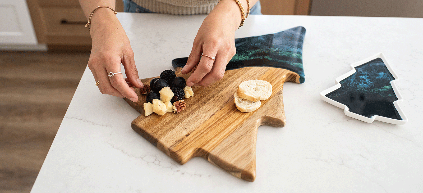 christmas tree cutting board with green epoxy top