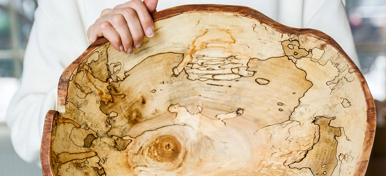 close up of the inside of a big spalted maple bowl