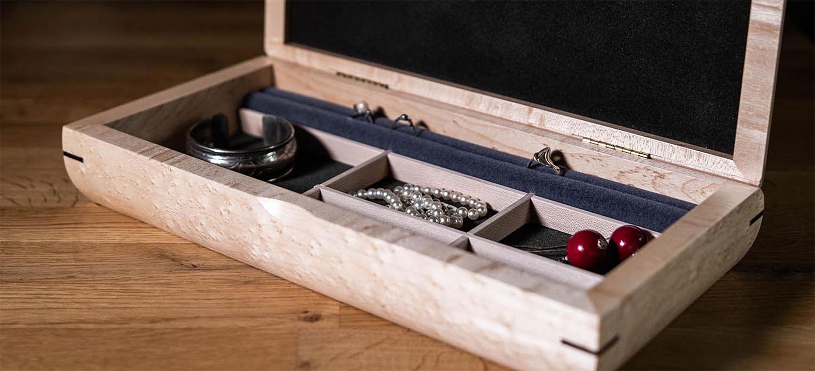 close up of wood jewelry box