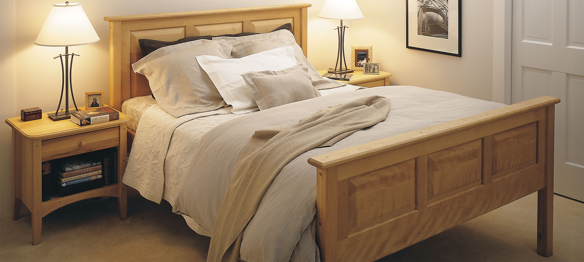 calm bedroom with birch new england panel bed and nightstand