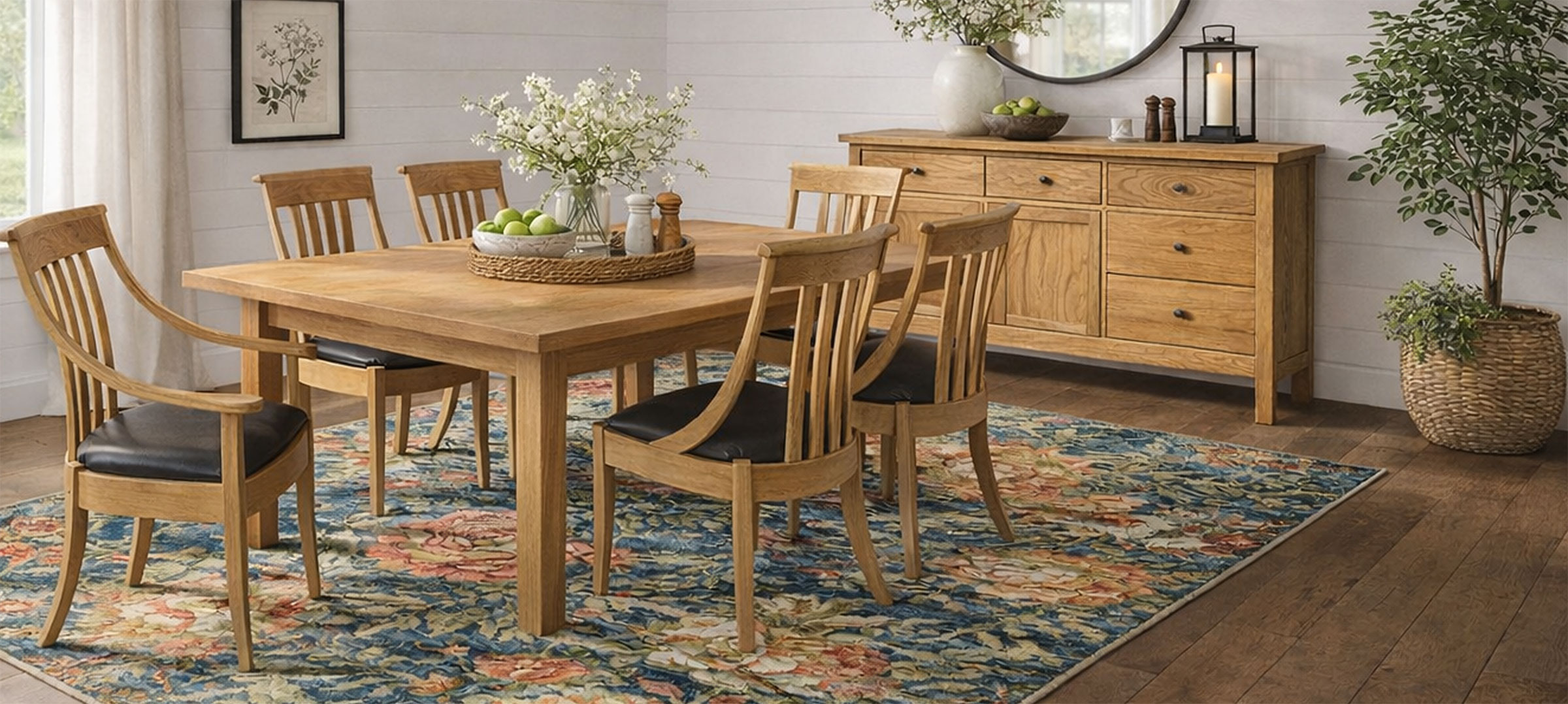 thetford hill dining table with norwich chairs, deerfield buffet in the background