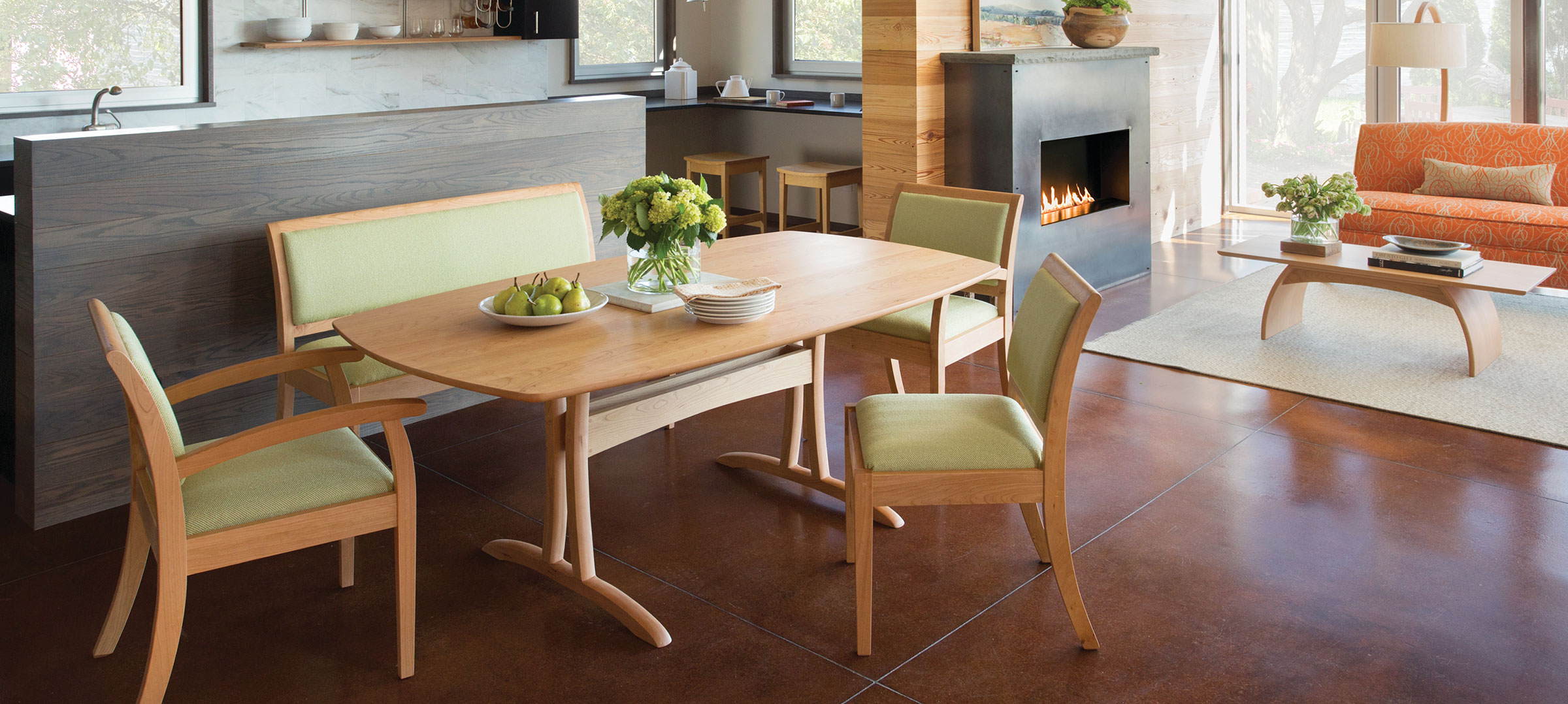 modern bridgewater dining table with green leather chairs and a bench