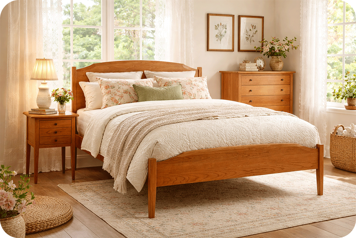 soothing bedroom with chelsea bed, nightstand and dresser. All in cherry
