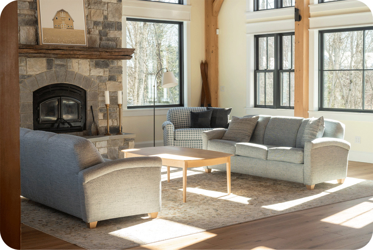 Rupert couches and a huge fire place