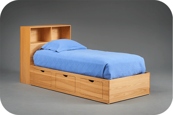 a storage bed with three drawers