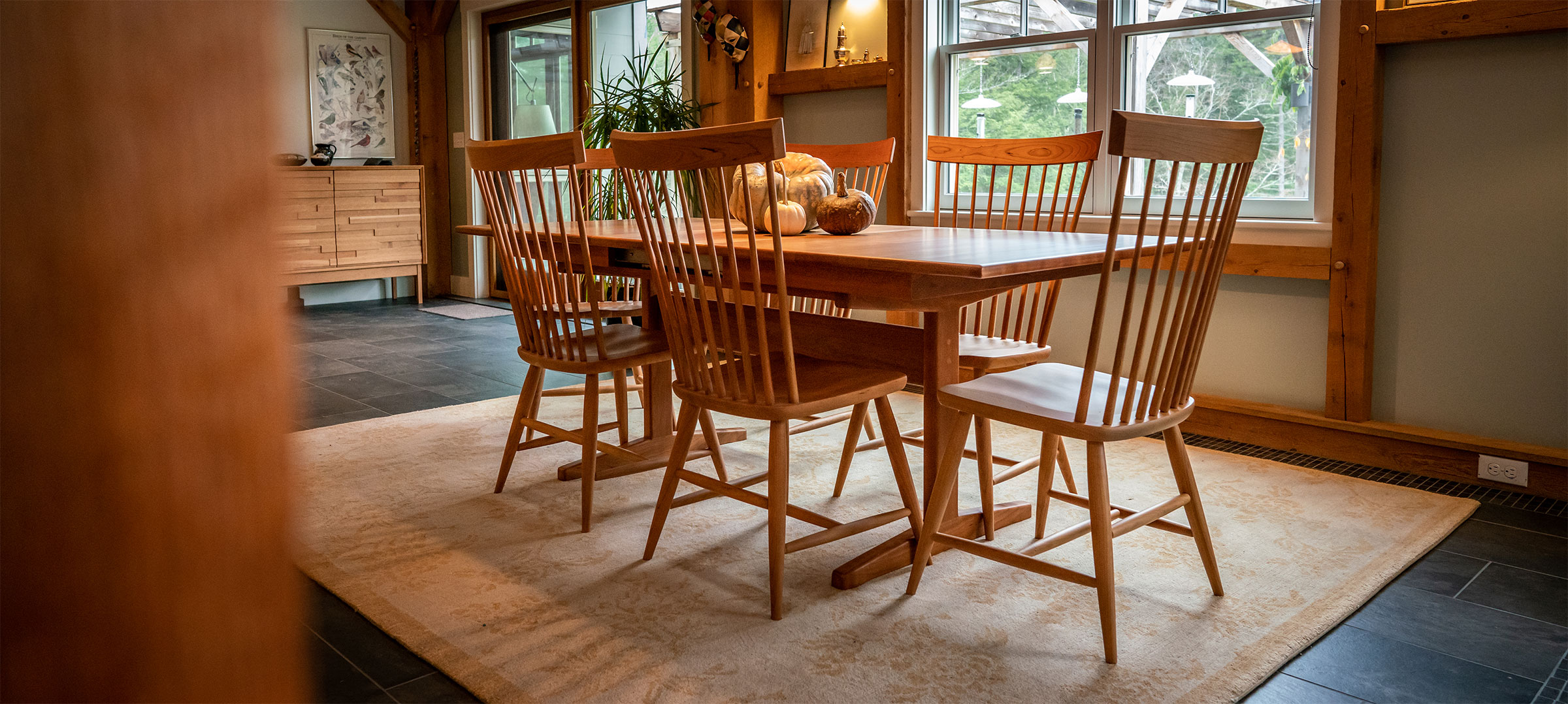 designer extension dining table, mason chairs & corinth server