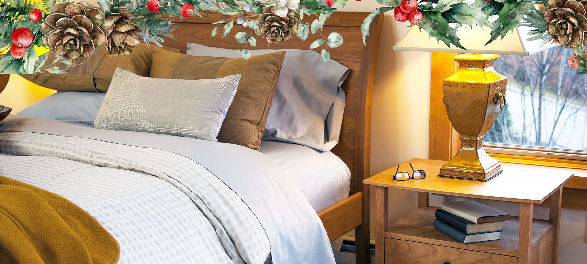 cozy wood bed and nightstand with garland adorning the image
