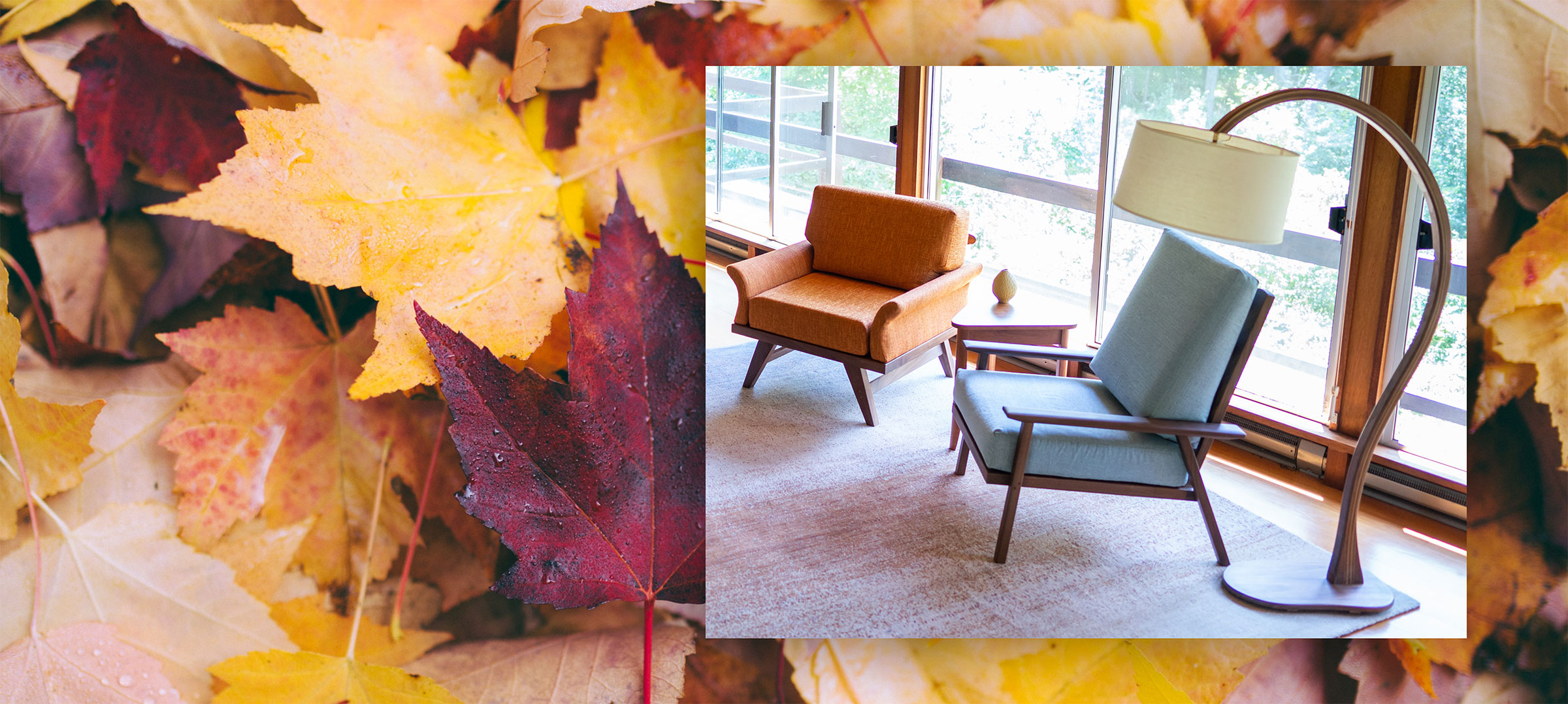 2 modern living rooms chairs in a frame of autumn leaves
