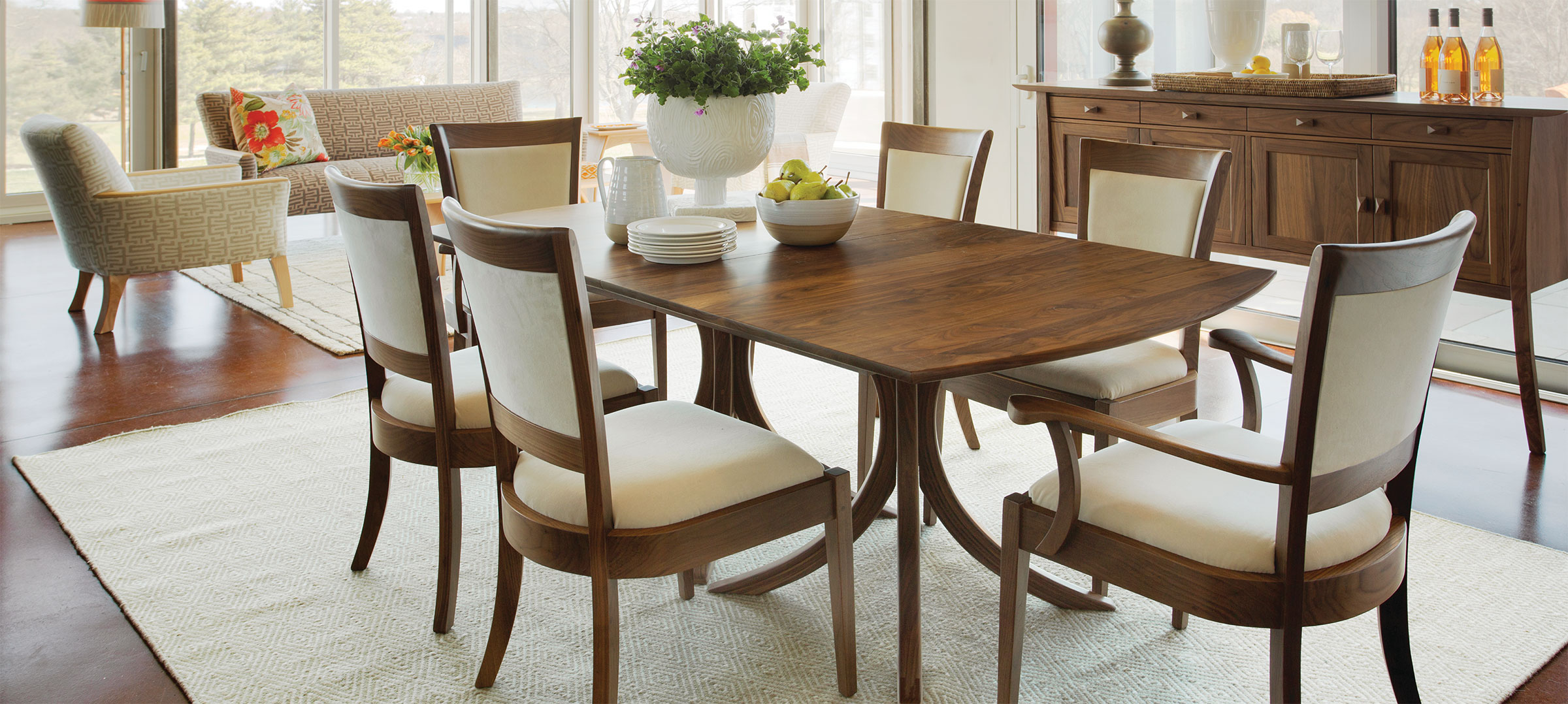 vernon extension dining table with mansfield chairs in walnut