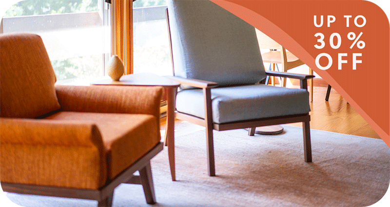 2 living room chairs with an Up to 30% off banner