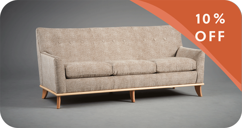 taupe color modern couch with cherry legs
