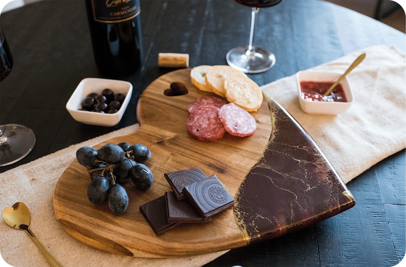 heart shaped cutting board with treats