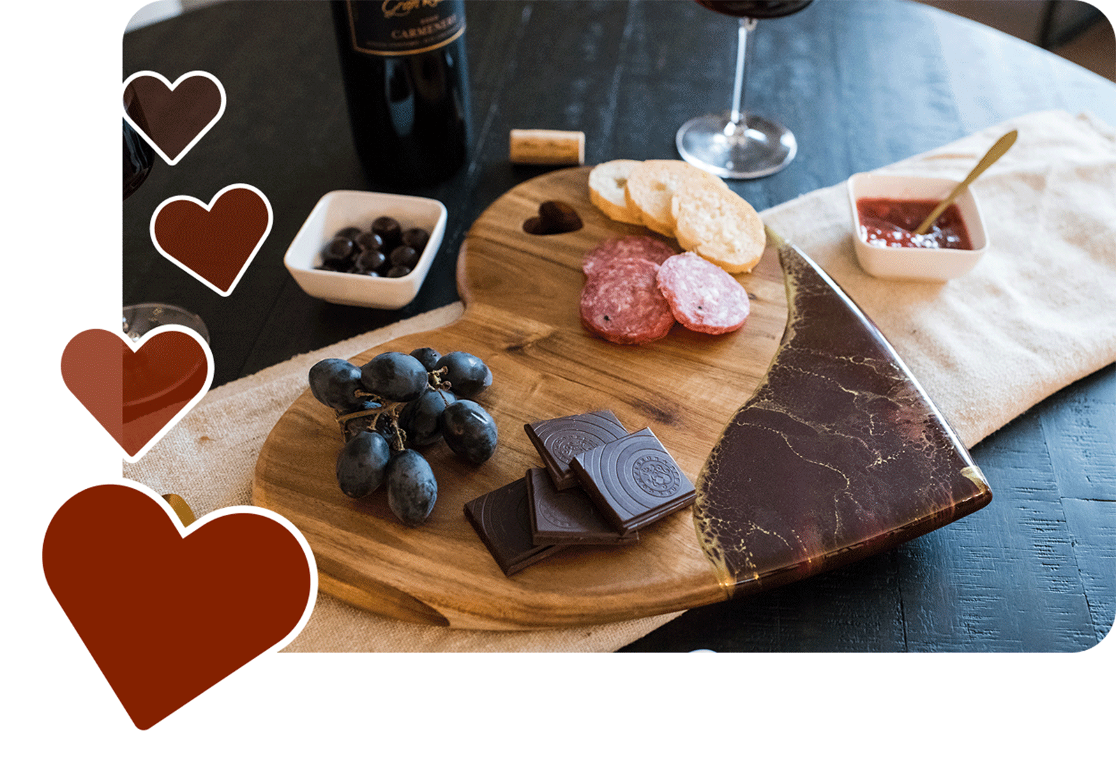 heart shaped cutting board with treats