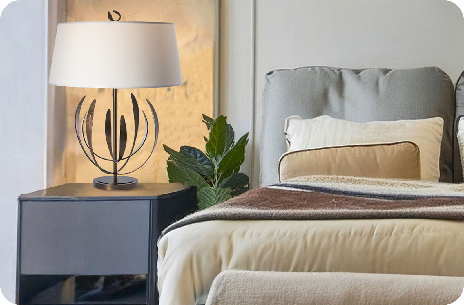 elegant bedroom with handforged lamp on nightstand