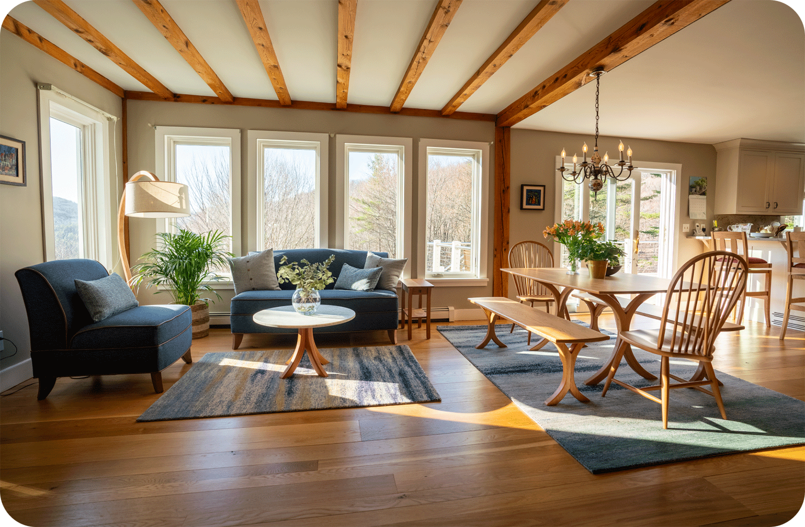 open concept living, dining and kitchen all pompy furniture