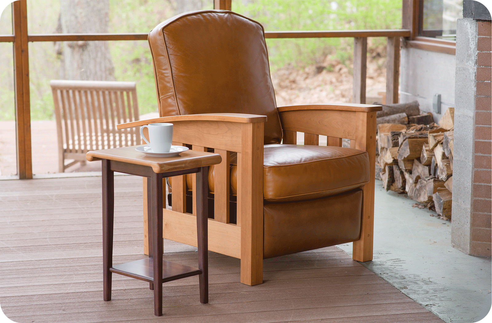 mission style recliner with a chaplain end table and a cup of coffee