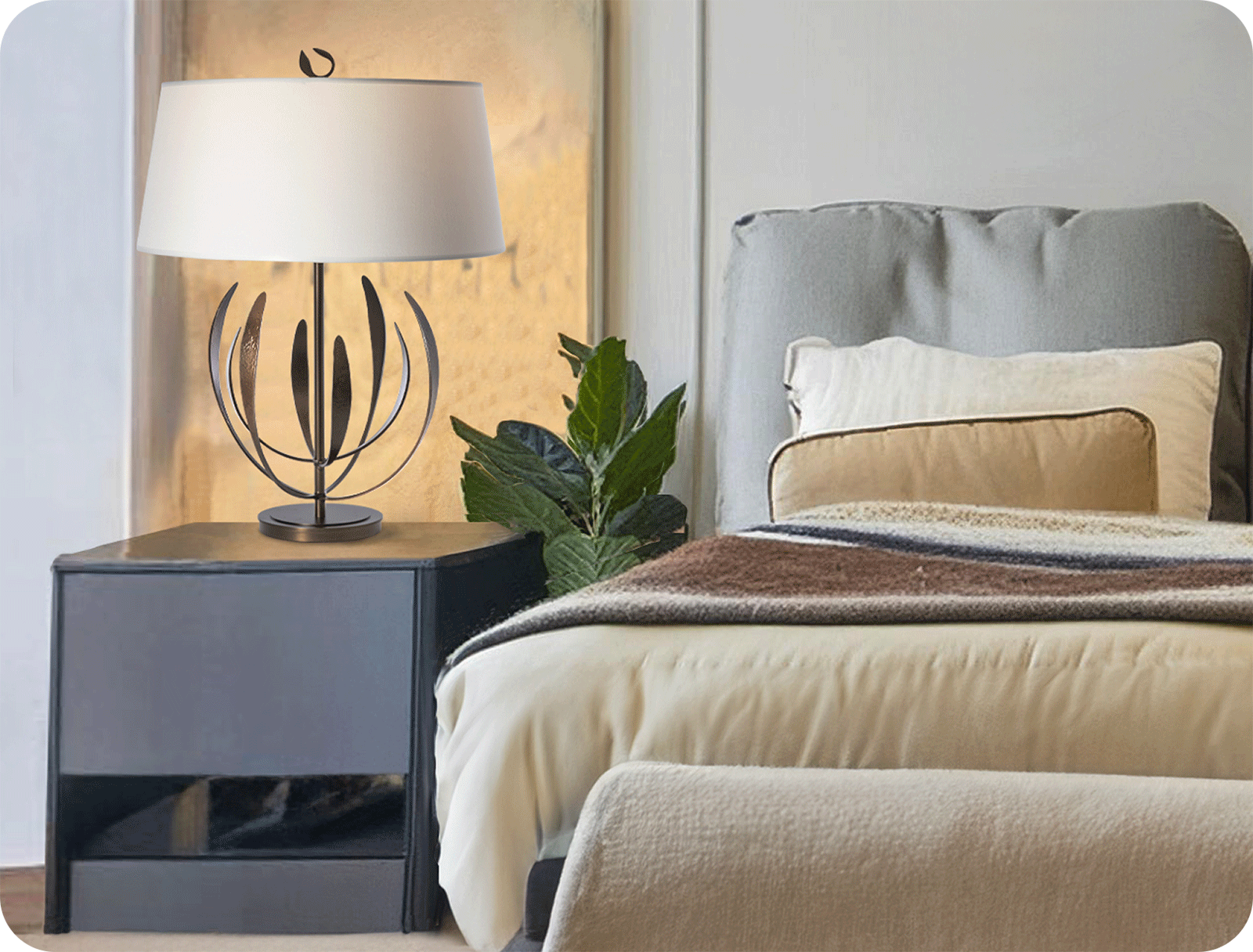 elegant bedroom with big hand forged table lamp