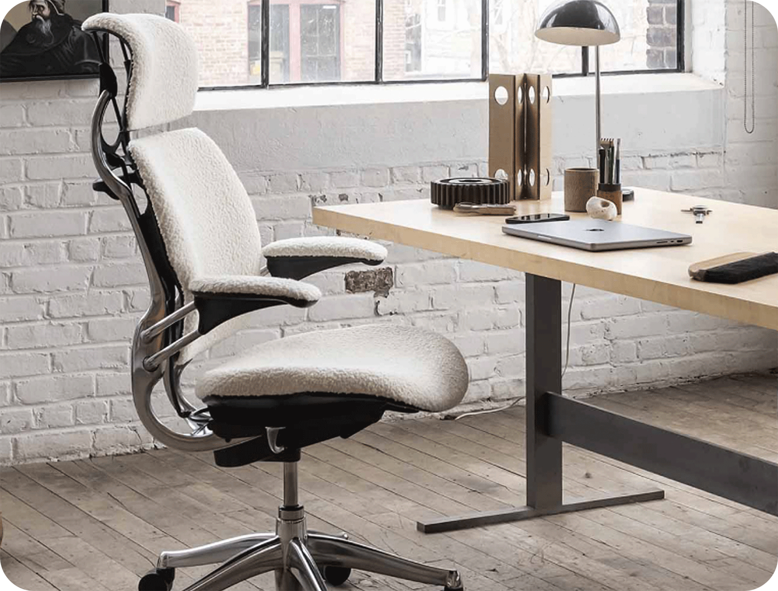 modern white office chair in urban loft setting