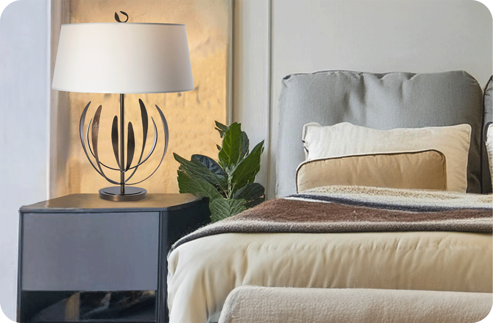 modern bedroom with hand forged lamp on the nightstand