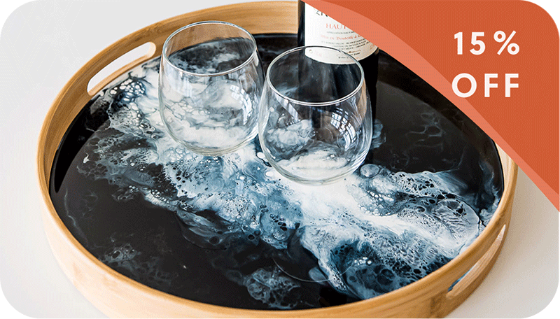 wood tray with blue and white epoxy detail