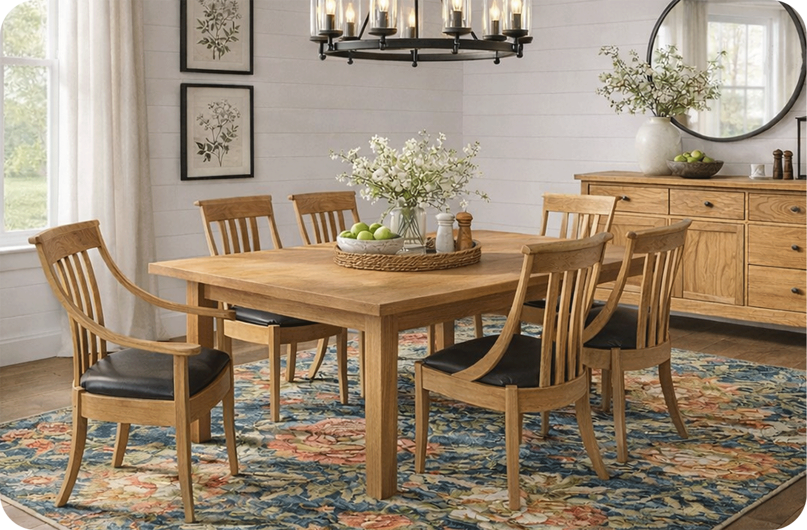 thetford hill dining table with norwich chairs, deerfield buffet in the background