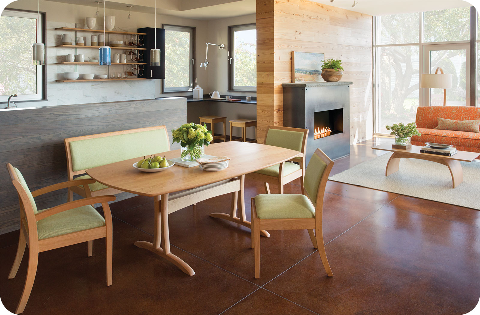 modern bridgewater dining table with green leather chairs and a bench