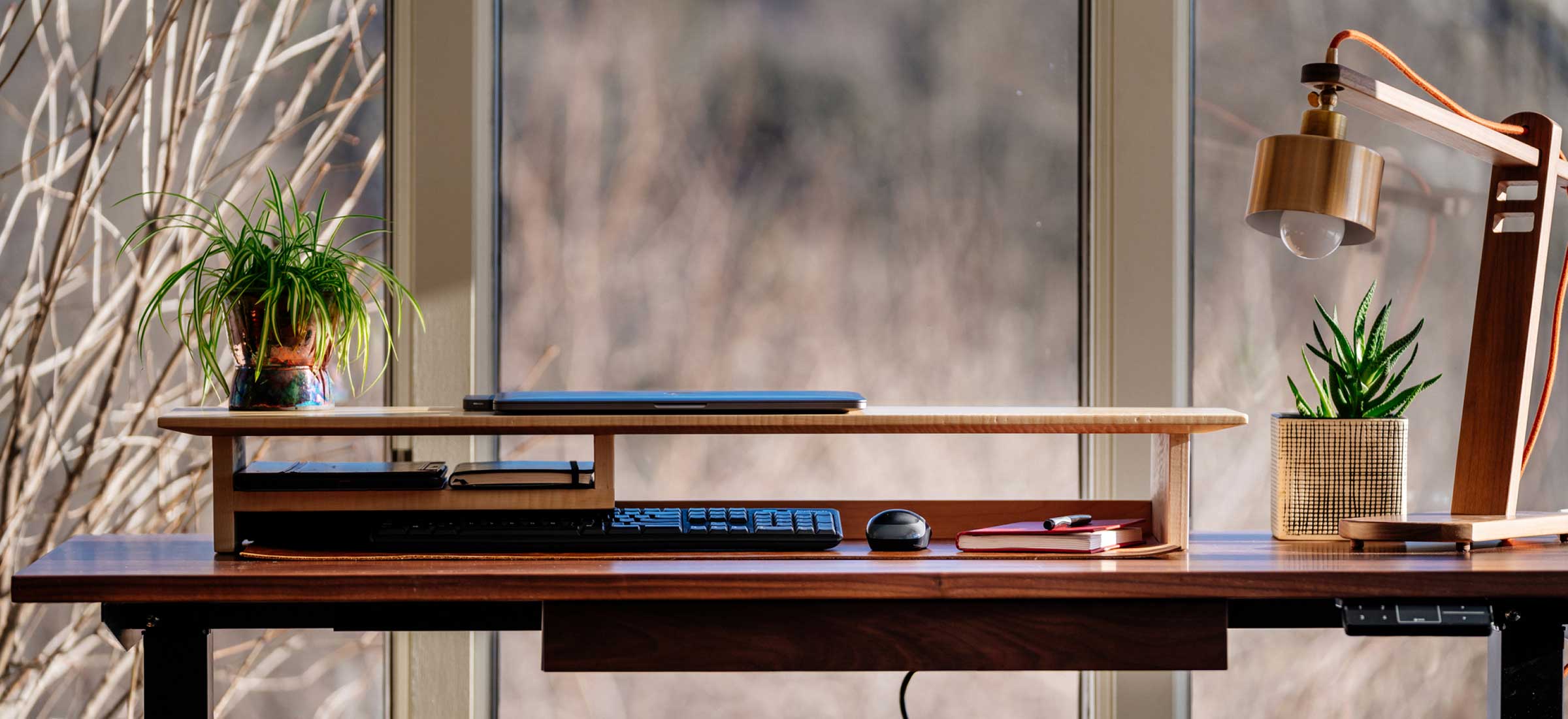 Mt Abraham Desk Shelf on Pompy Standing Desk with cool modern lamp all by Pompanoosuc Mills.