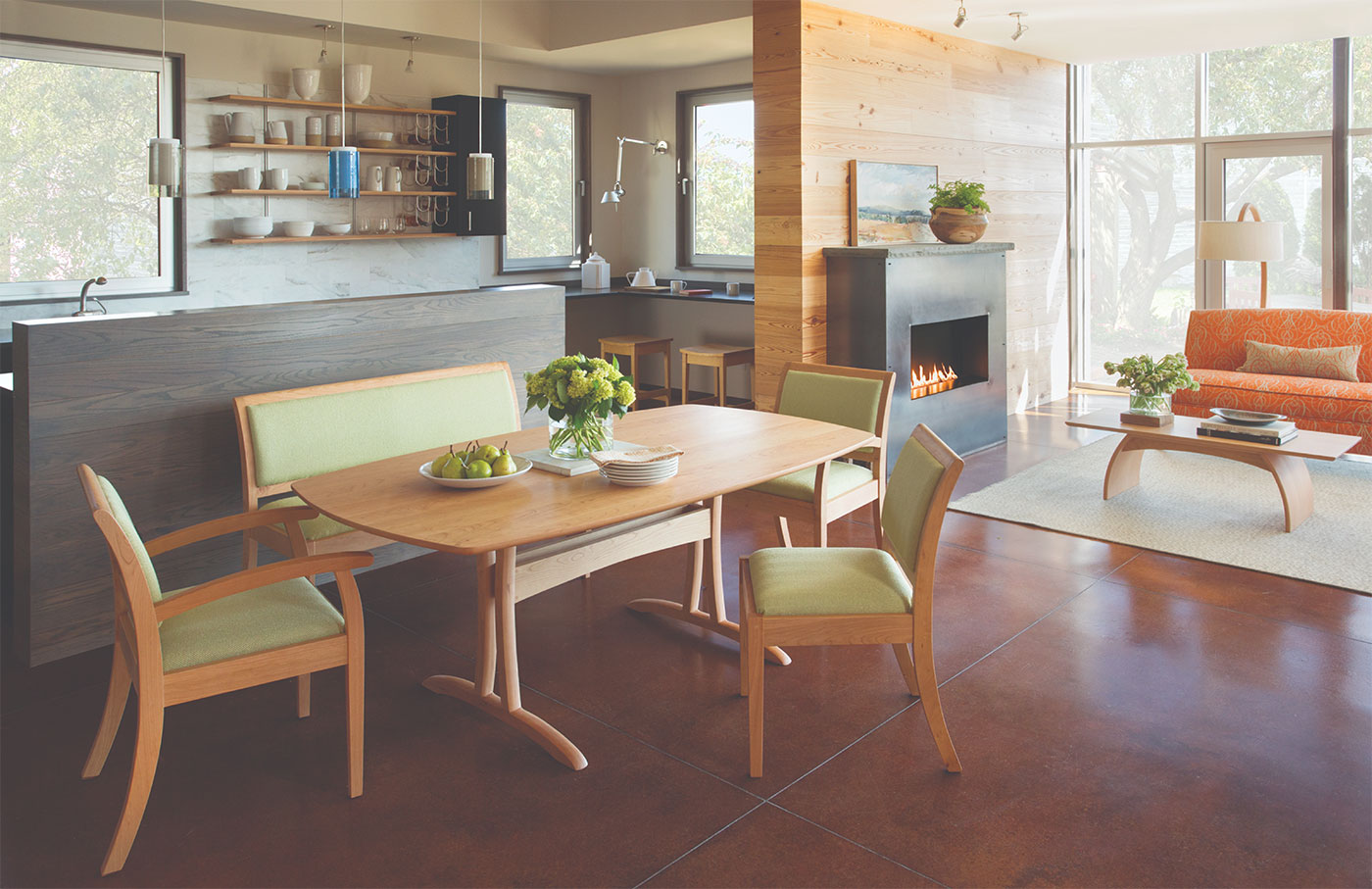 dining table with lime green leather chairs and bench