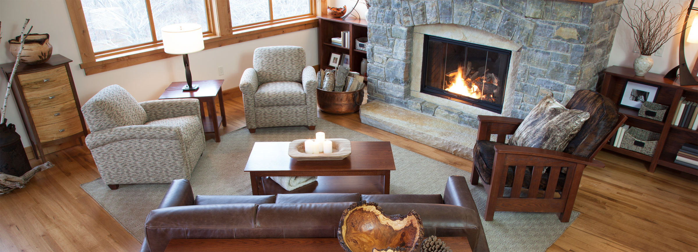 overhead view of cozy living room with fireplace