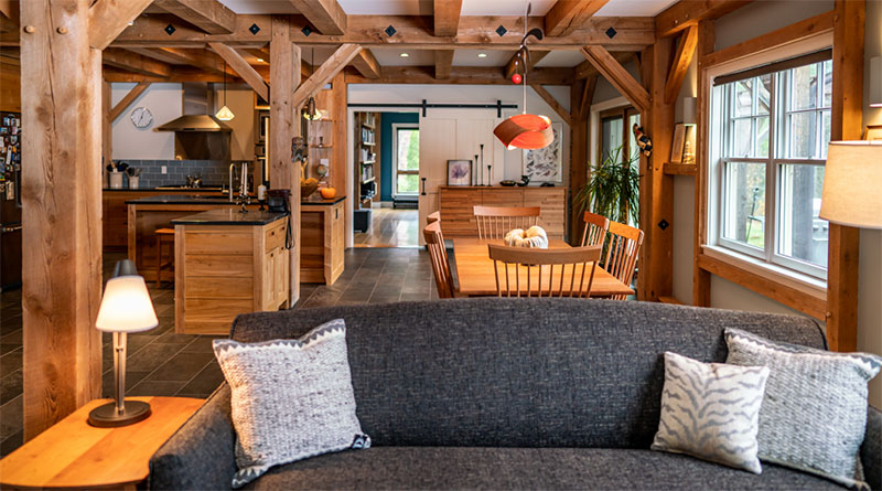 view of couch with dining table behind