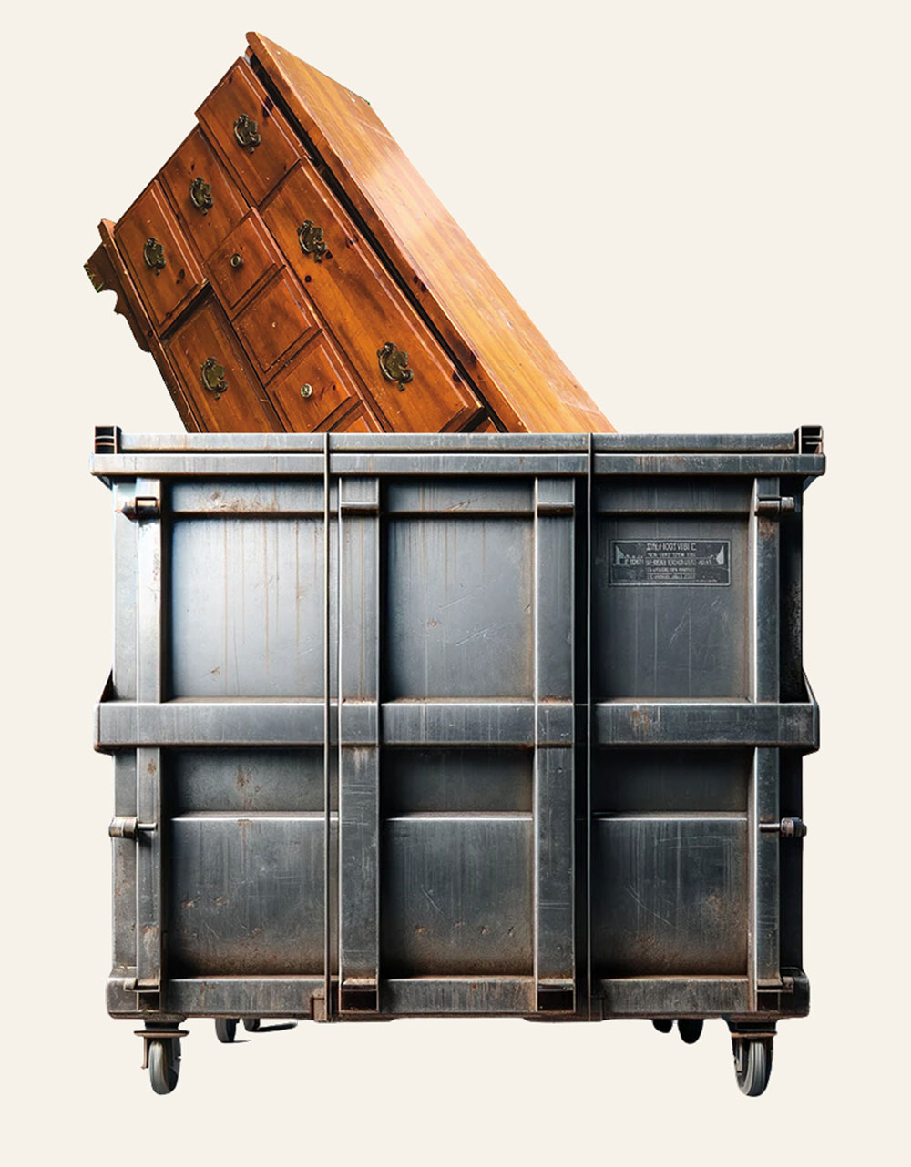 dumpster with a big dresser sticking out