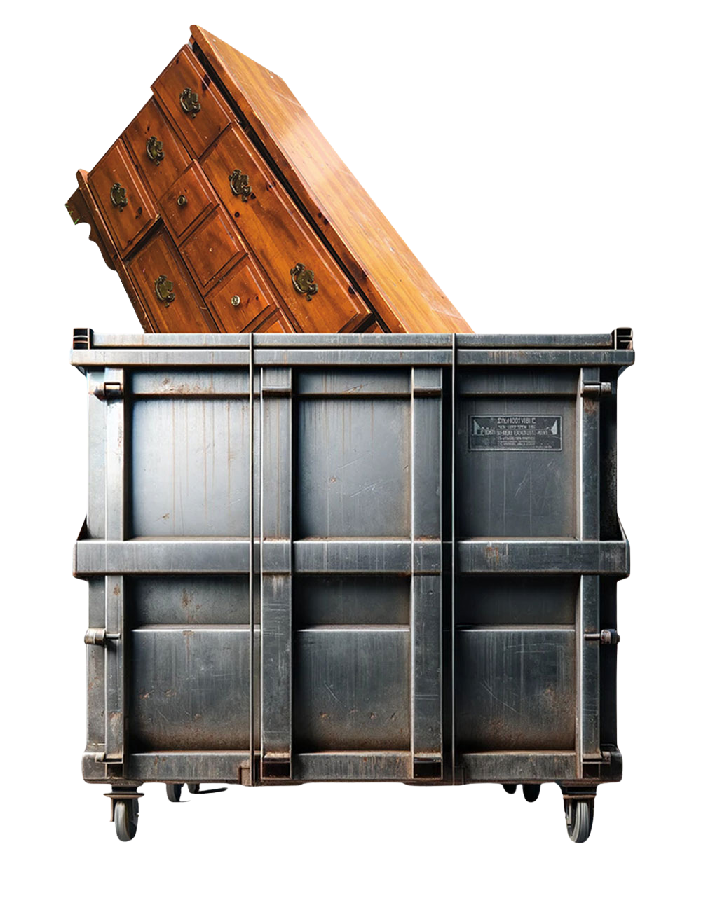 dumpster with a big dresser sticking out