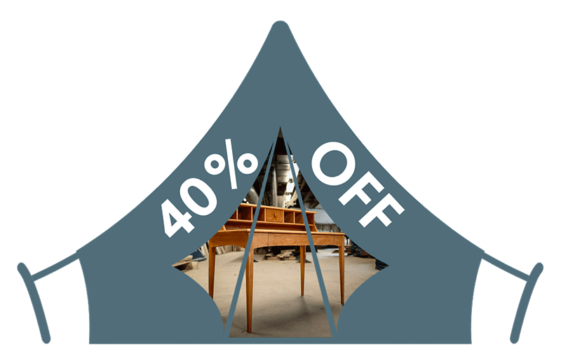 outline of tent with 40% off written on it