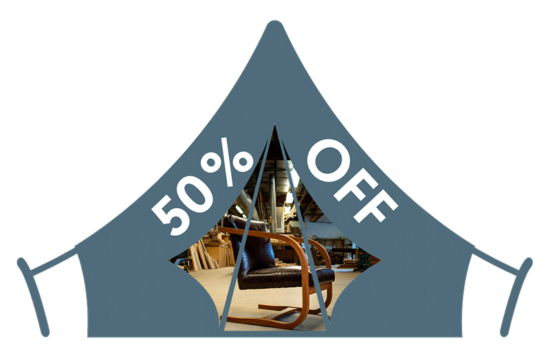 outline of tent with 50% off written on it