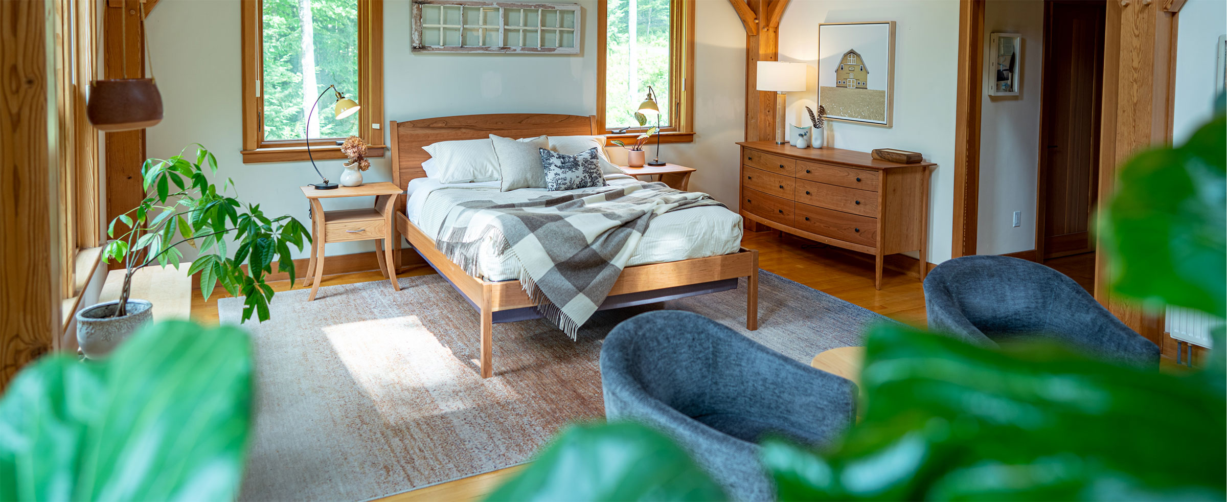 post and beam bedroom with plants