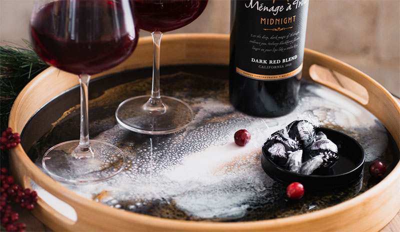 serving tray with wine bottle and glasses