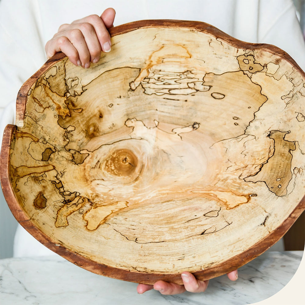 interior of large round spalted maple bowl